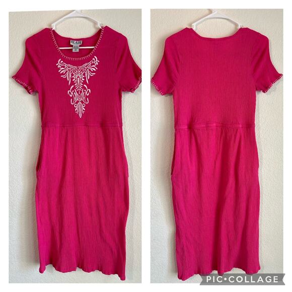 Blair Dresses & Skirts - Blair Vintage Embroidered Midi Pink Crinkle Dress Size Medium Summer Beach